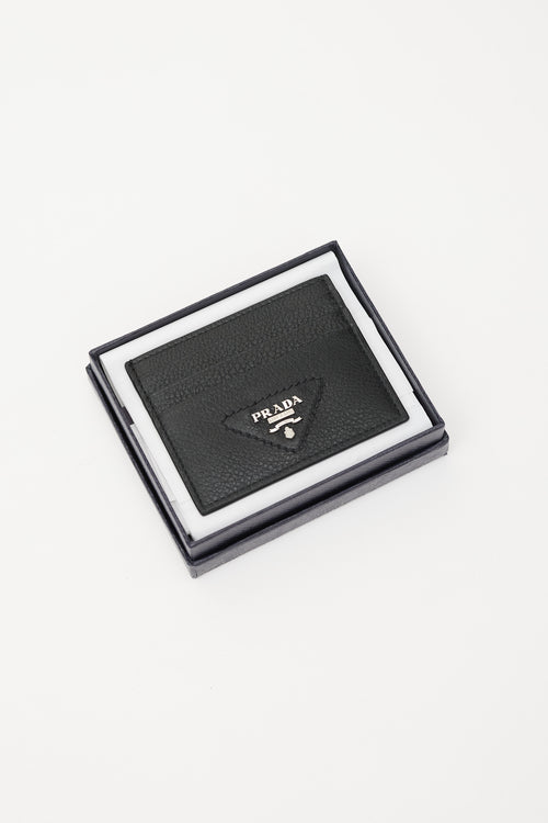 Prada Black 
Silver Leather Logo Cardholder