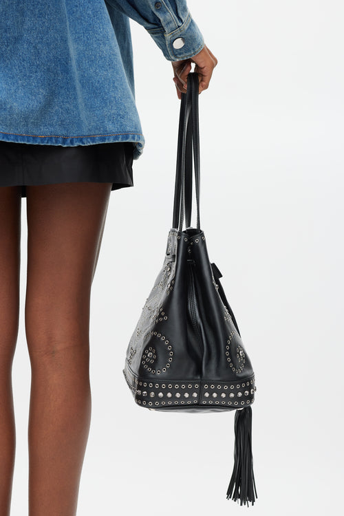 Prada Black 
Silver Leather Studded Bucket Bag