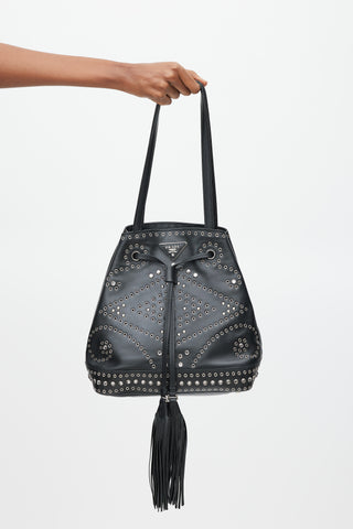 Prada Black 
Silver Leather Studded Bucket Bag