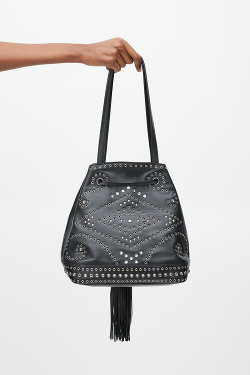 Prada Black 
Silver Leather Studded Bucket Bag