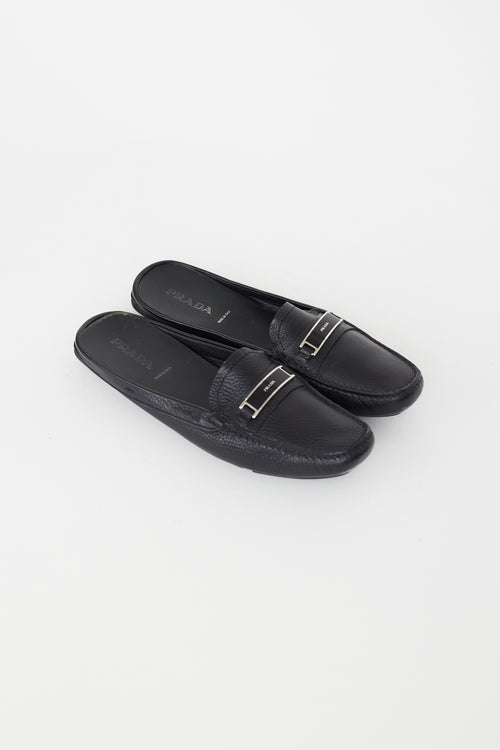 Prada Black Leather Logo Mule LoaferToe Loafer Mule