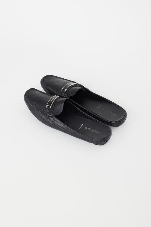 Prada Black Leather Logo Mule Loafer