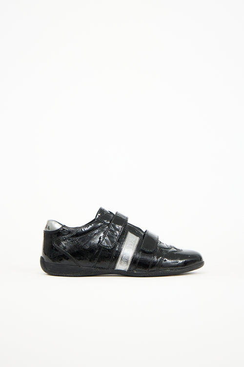 Prada Black 
Silver Patent Leather Velcro Sneaker