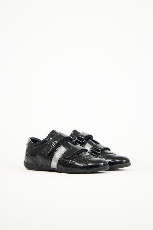 Prada Black 
Silver Patent Leather Velcro Sneaker