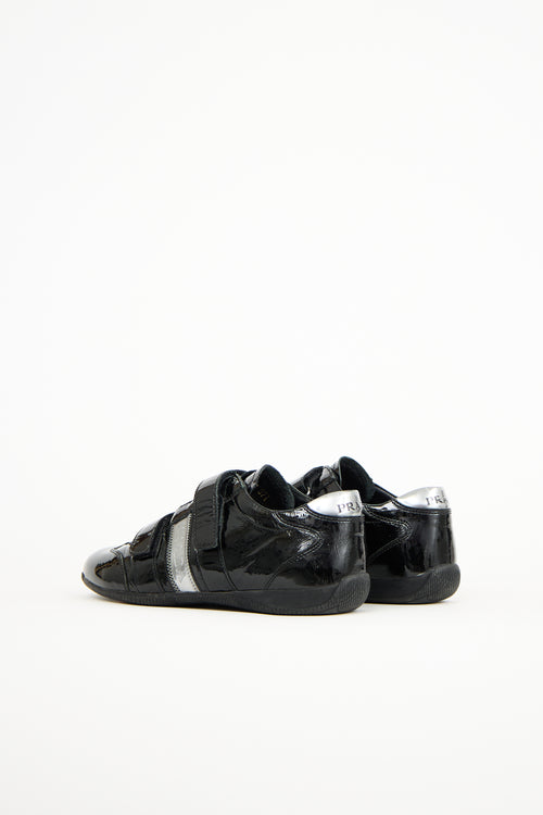 Prada Black 
Silver Patent Leather Velcro Sneaker