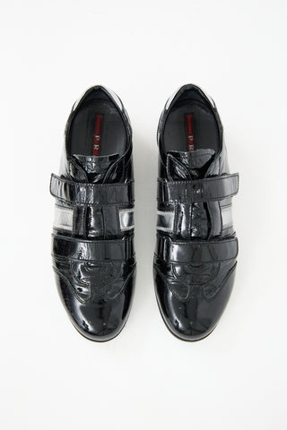 Prada Black 
Silver Patent Leather Velcro Sneaker