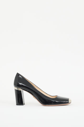 Prada Black 
Silver Patent Leather Pump