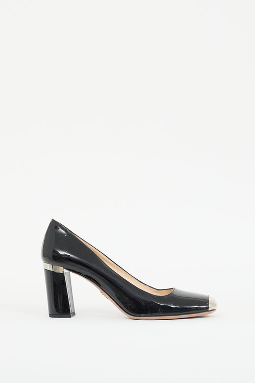 Prada Black 
Silver Patent Leather Pump