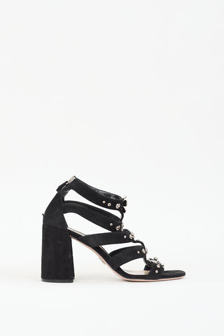 Prada Black 
Silver Suede Floral Embellished Heels