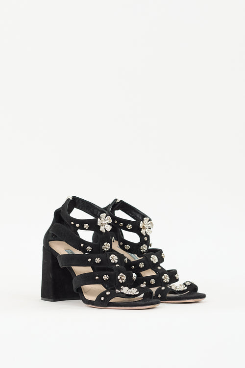 Prada Black 
Silver Suede Floral Embellished Heels