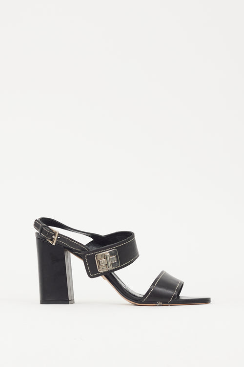 Prada Black 
Silver Turn Lock Leather Heel