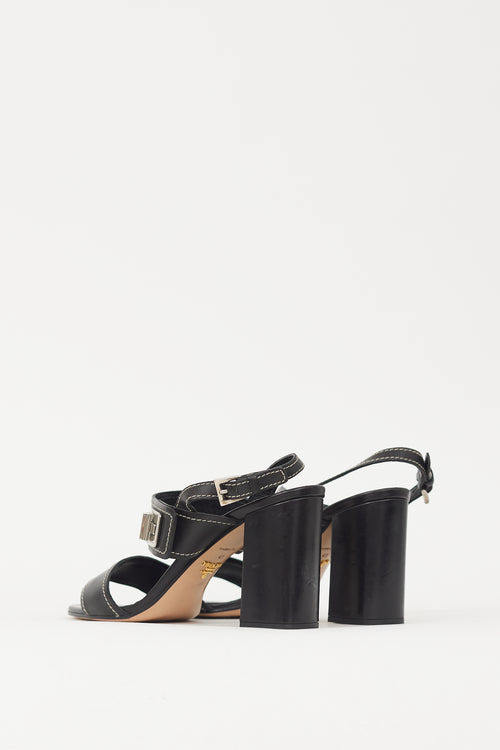 Prada Black 
Silver Turn Lock Leather Heel