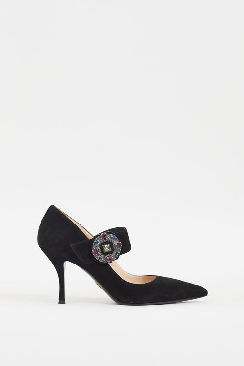 Prada Black Suede Embellished Strap Pump