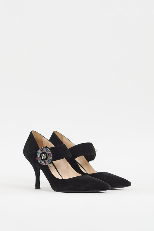 Prada Black Suede Embellished Strap Pump