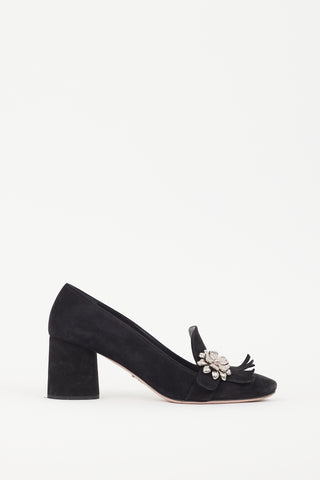 Prada Black Suede 
Silver Flower Brooch Pump