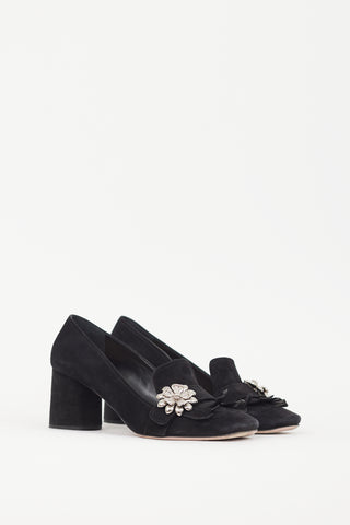 Prada Black Suede 
Silver Flower Brooch Pump