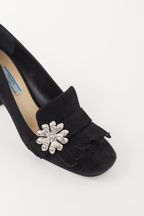 Prada Black Suede 
Silver Flower Brooch Pump