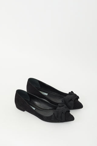 Prada Black Suede Pointed Toe Bow Flat