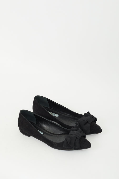 Prada Black Suede Pointed Toe Bow Flat