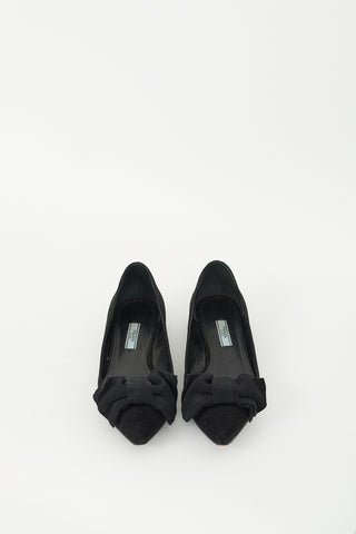 Prada Black Suede Pointed Toe Bow Flat