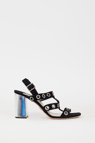 Prada Black Suede 
Silver Grommet Caged Heel