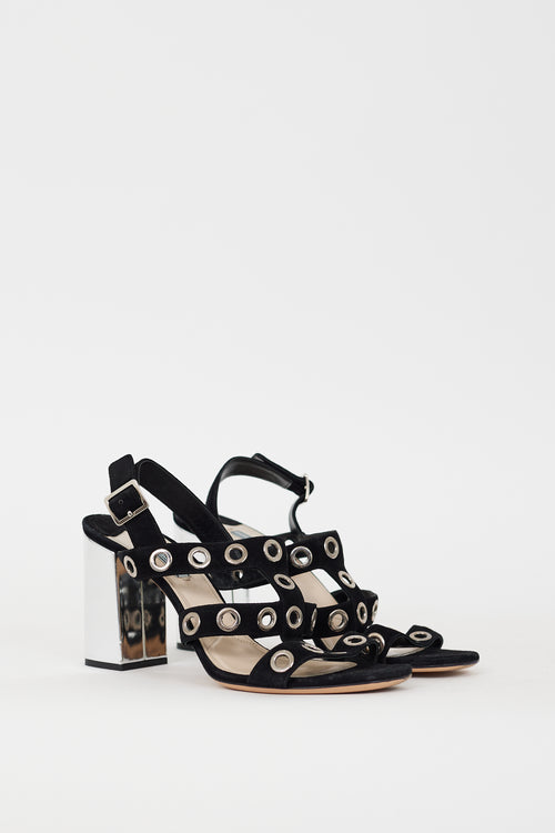 Prada Black Suede 
Silver Grommet Caged Heel