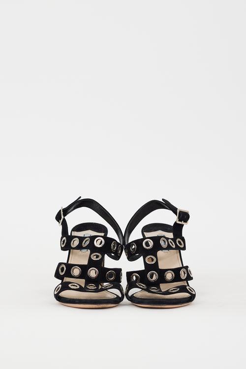 Prada Black Suede 
Silver Grommet Caged Heel