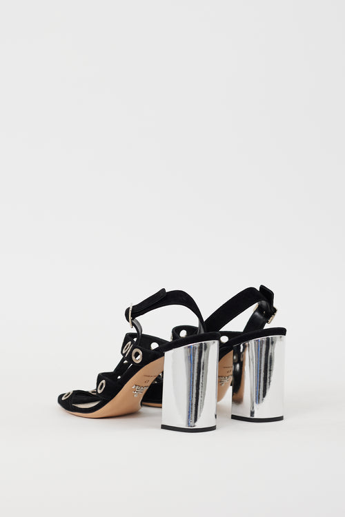 Prada Black Suede 
Silver Grommet Caged Heel