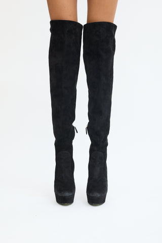 Prada Black Suede Thigh High Platform Heeled Boot