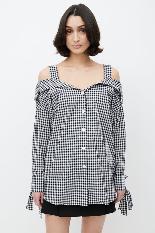 Prada Black 
White Gingham Off The Shoulder Shirt