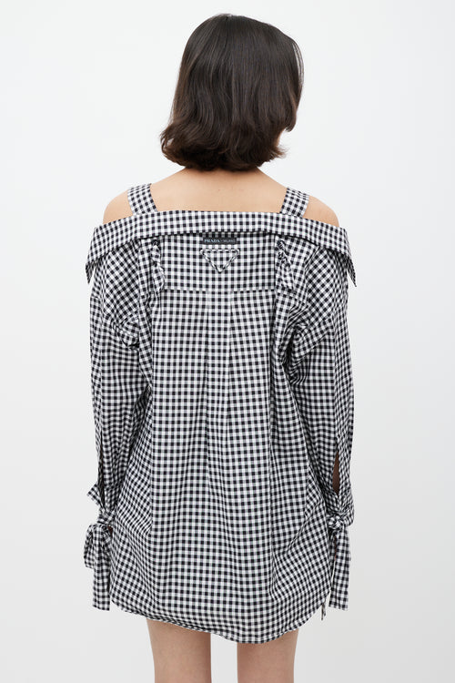 Prada Black 
White Gingham Off The Shoulder Shirt