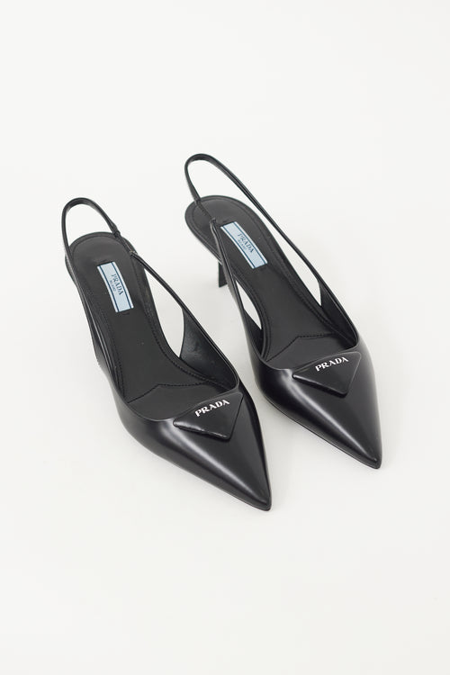 Prada Black 
White Leather Logo Mule