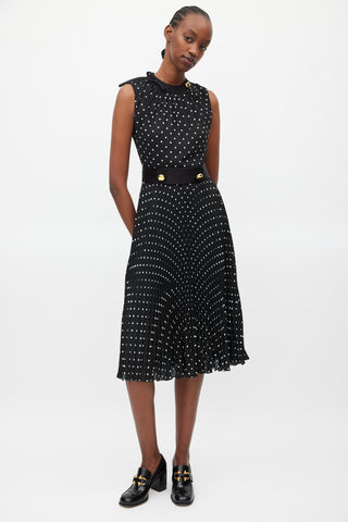 Prada Black 
White Polka Dot Pleated Belted Dress