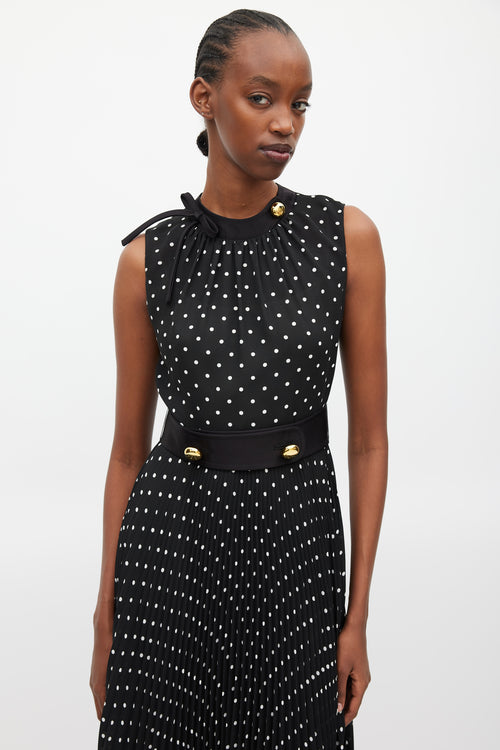 Prada Black 
White Polka Dot Pleated Belted Dress