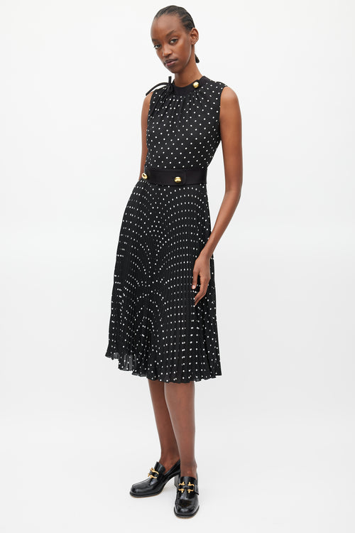 Prada Black 
White Polka Dot Pleated Belted Dress