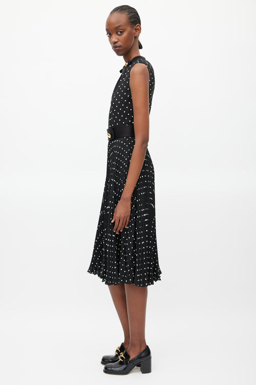 Prada Black 
White Polka Dot Pleated Belted Dress