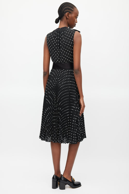 Prada Black 
White Polka Dot Pleated Belted Dress