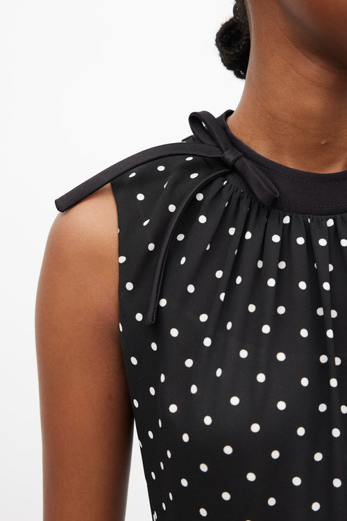 Prada Black 
White Polka Dot Pleated Belted Dress