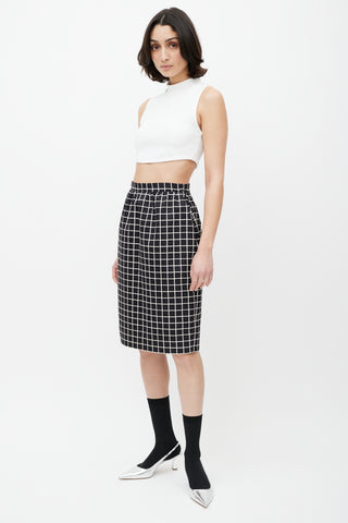 Prada Black 
White Windowpane Wool Skirt