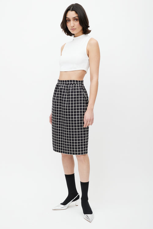 Prada Black 
White Windowpane Wool Skirt