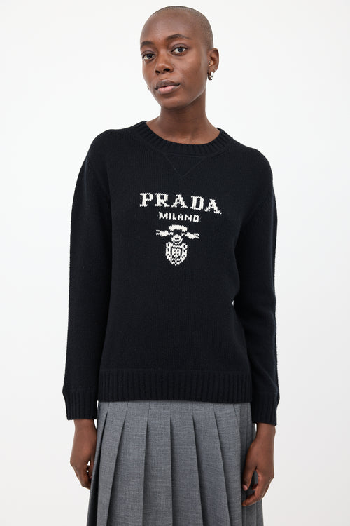 Prada Black 
White Wool 
Cashmere Logo Sweater