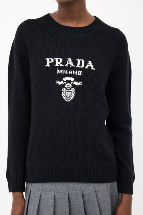 Prada Black 
White Wool 
Cashmere Logo Sweater