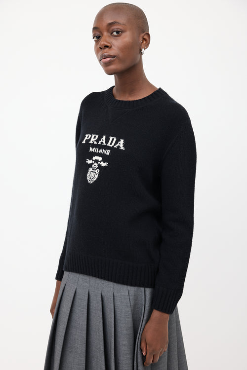 Prada Black 
White Wool 
Cashmere Logo Sweater