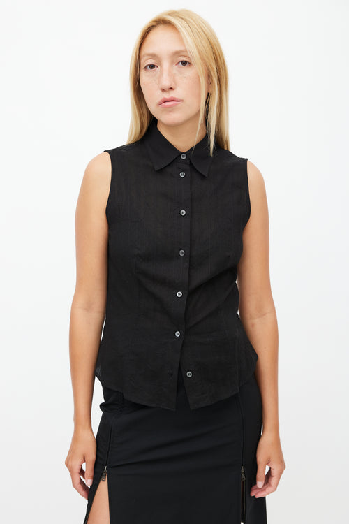 Prada Black Woven Striped Sleeveless Shirt