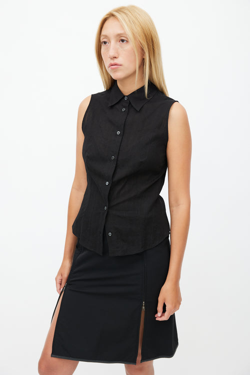 Prada Black  Woven Striped Sleeveless Shirt