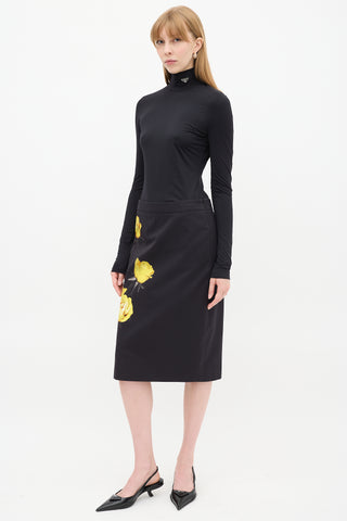 Prada Black 
Yellow Cotton Floral Midi Skirt