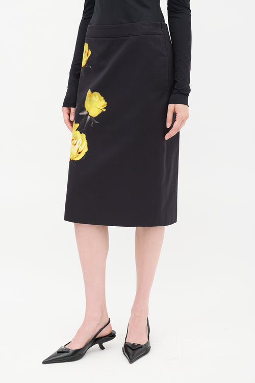 Prada Black 
Yellow Cotton Floral Midi Skirt