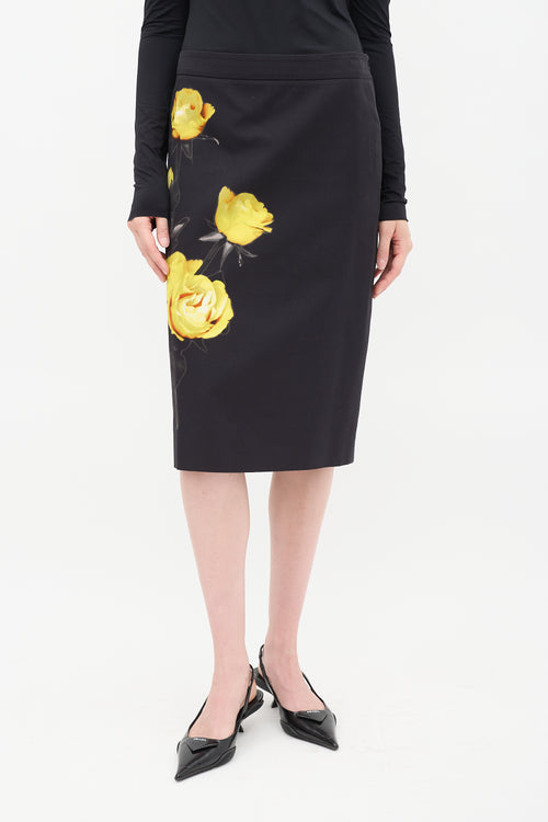 Prada Black 
Yellow Cotton Floral Midi Skirt