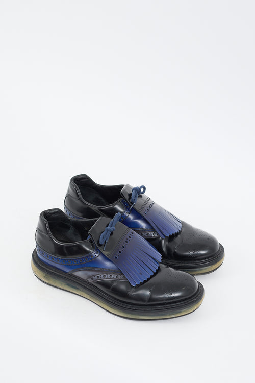 Prada Black 
Blue Leather Levitate Fringed Brogue