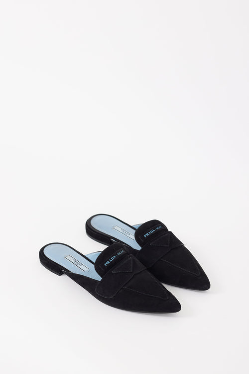 Prada Black Suede Logo Pointed Toe Mule